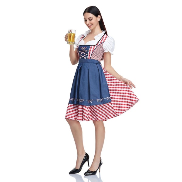 Womens Oktoberfest Øl Pige Kostume Bayersk Traditionel Dirndl Kjole Denim Red Check M