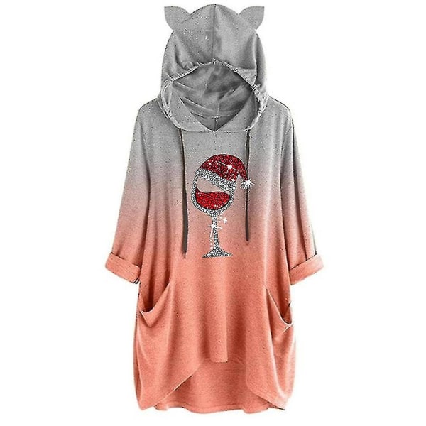 Plus Size Dame Jul Vinglass Trykk Hoodie Hettegenser Topper Med Lommer-c Orange 3XL