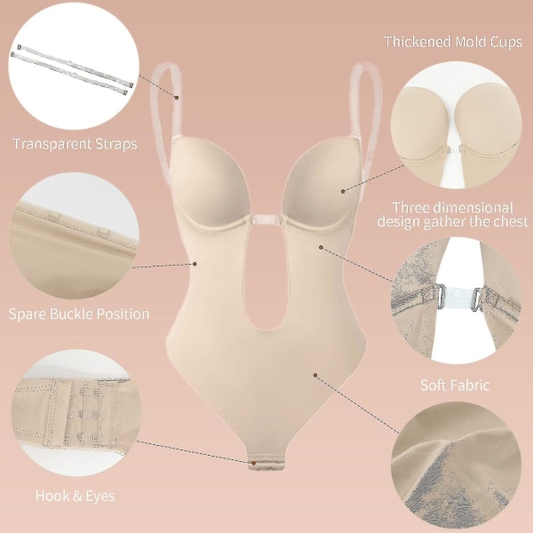 Kvinners dyp V-hals body shaper stroppeløs ryggløs body shapewear Beige S(32)