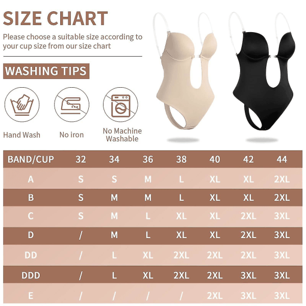 Kvinners Ryggløs Body Shapewear U-Plunge Sømløs Thong Dyp V-hals Body Shaper For Bryllup Black M(34)