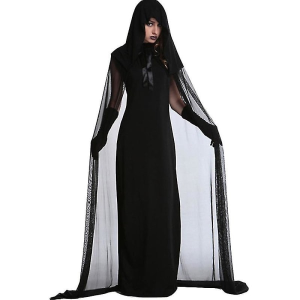 Sort hætteformet tylkappe - Lang chiffon middelalder netkåbe vampyr brud gennemsigtig kappe kostume til voksne og teenagere M