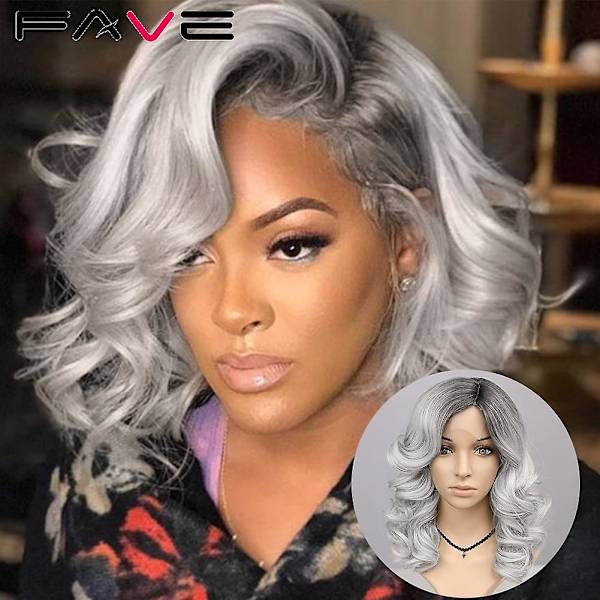 Fave Loose Body Wave Curly Syntetisk Bob Peruk Sidodel Spets Peruker För Svart Vit Kvinna Cosplay Fest Daglig Värmebeständig Fiber Ombre Grå Z