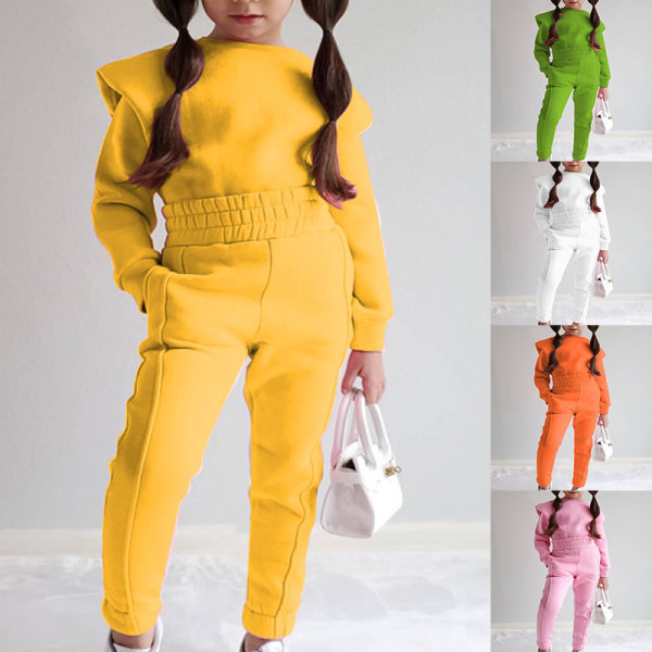 Tjejer med fickor 2 delar klädsel Enfärgade Sweatsuits Set I Gul 110cm
