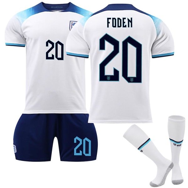 England 2022 VM hjemmebane Foden #20 Fotballtrøye T-skjorte Shorts Kit Fotball 3-delt sett for barn Voksne Z Adult S（165-170cm）