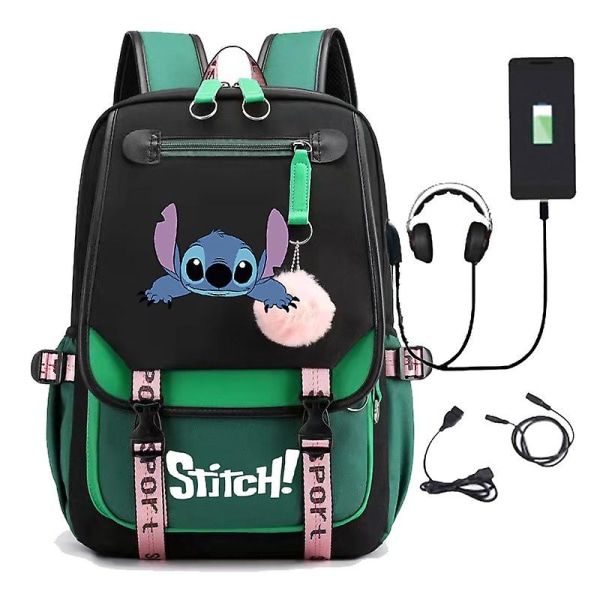 Stitch-kuvioitu USB-ladattava reppu, rento opiskelijoiden koululaukku 4