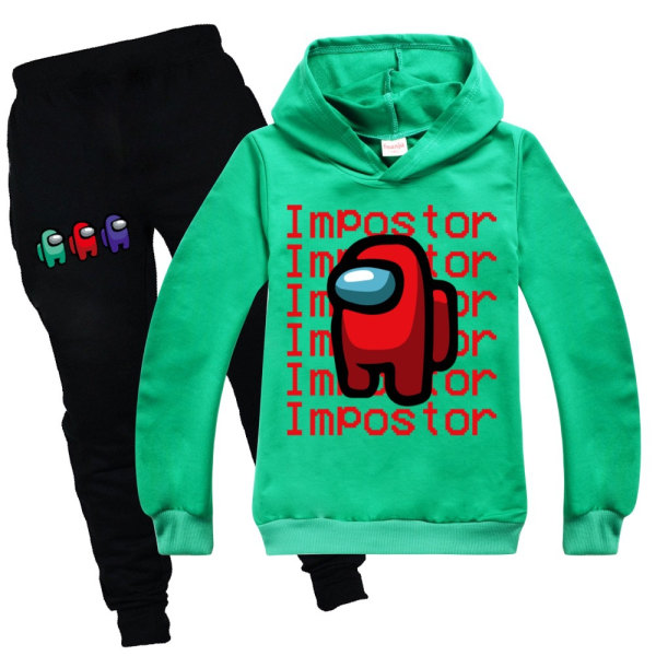 Among Us Game Impostor Set Hoodie Barn Pojkar Outfit Toppar Byxor Green 110