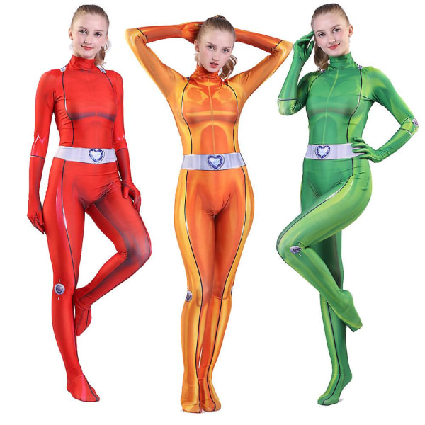 Totally Spies Cosplay-kostym för kvinnor och flickor Spandex Zentai Clover Ewing Samantha Simpson Green Adult L