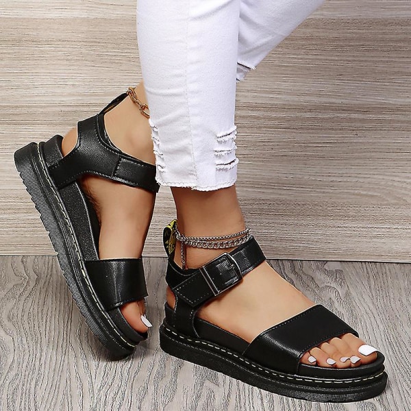 Damsandaler med platt form sommar ankelrem Chunky Platform Fashion Shoes I Black EU 40