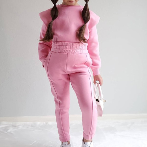 Jenter med lommer 2 deler antrekk Ensfarget Sweatsuits Sett I Rosa 140cm