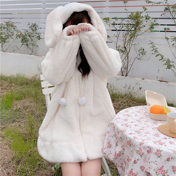 Sød Bunny Ear Hoodie Fuzzy Fluffy Kanin Sweater Sweatshirt Pullover Toppe Langærmet Kawaii Jakke Frakker Hvid M white m