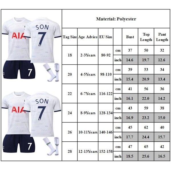 Fodboldtrøje Børn SON #7 Fodboldtrøje Kit Hjemmekamp Børn Drenge Jersey Træningsoverall Trøje+Shorts+Strømper 20