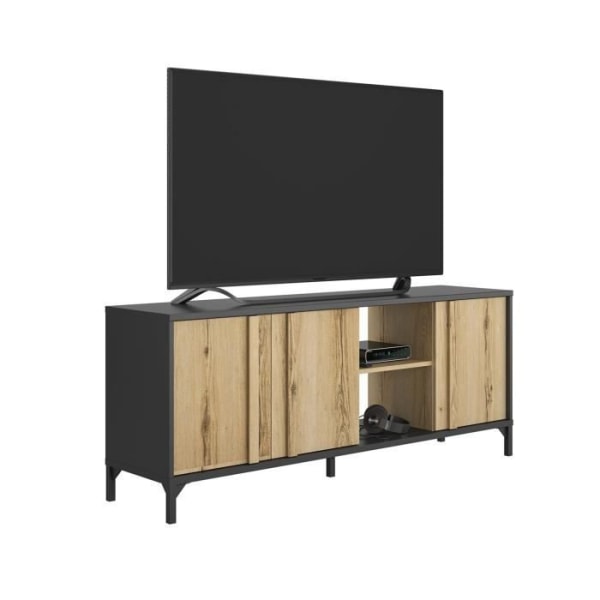 Industriellt TV-skåp med 3 dörrar - L160 x H66 x D40 cm - 160 cm x 40 cm x 66 cm - ESTEBAN Light Wood
