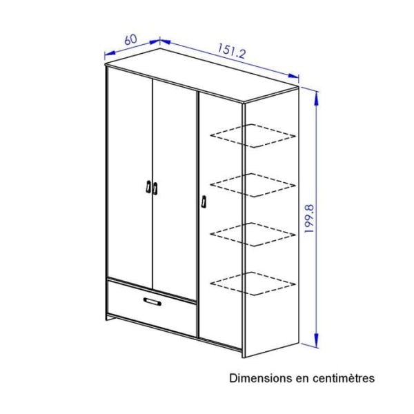 Garderob 3 dörrar 1 låda industriell stil hantverksmässig ekfärg - Fransk tillverkning - CaliCosy Light Wood