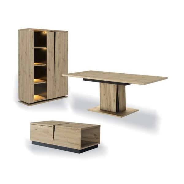 2-dörrars byråset, utdragbart matbord och soffbord - 120 cm X 45 cm X 170 cm - CRACK Light Wood