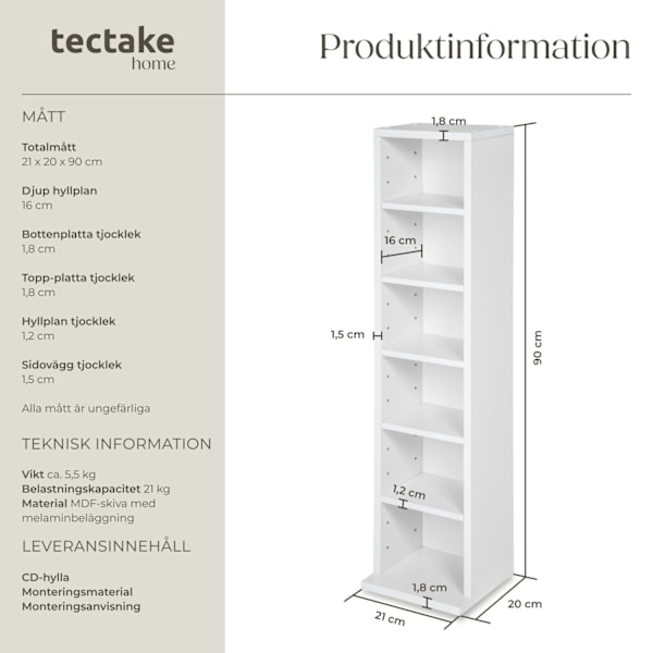 tectake CD-hylla för 102 CD-skivor Vit