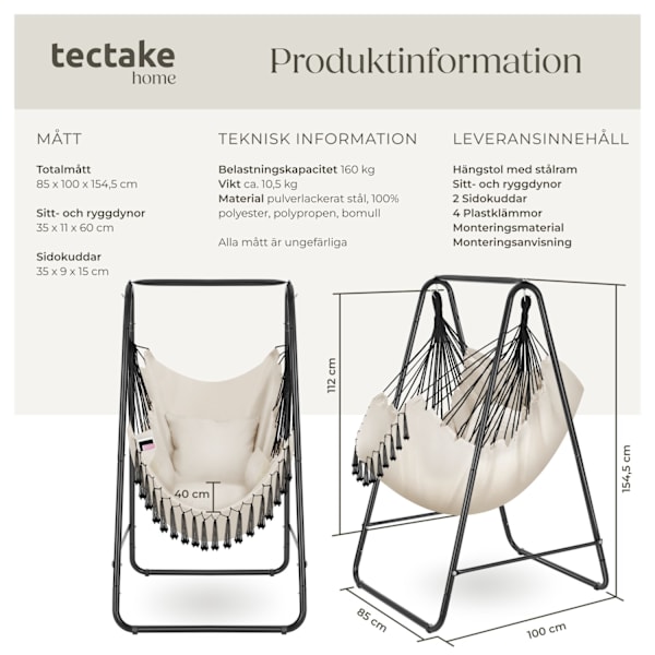 tectake Hängstol Alison, boho-stil, bärkapacitet 160kg Beige