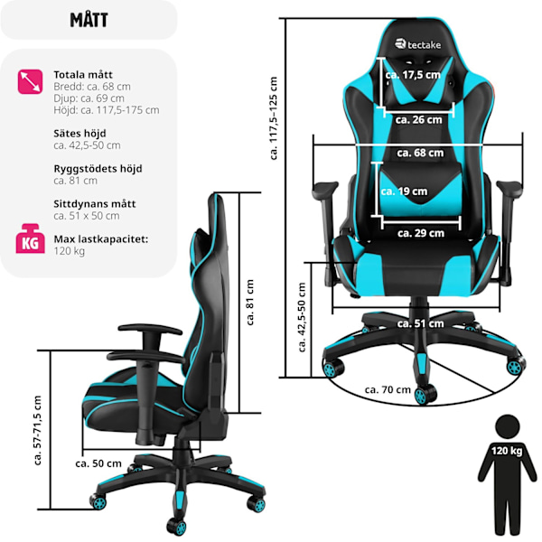 tectake Premium Gamingstol Twink Azurblå