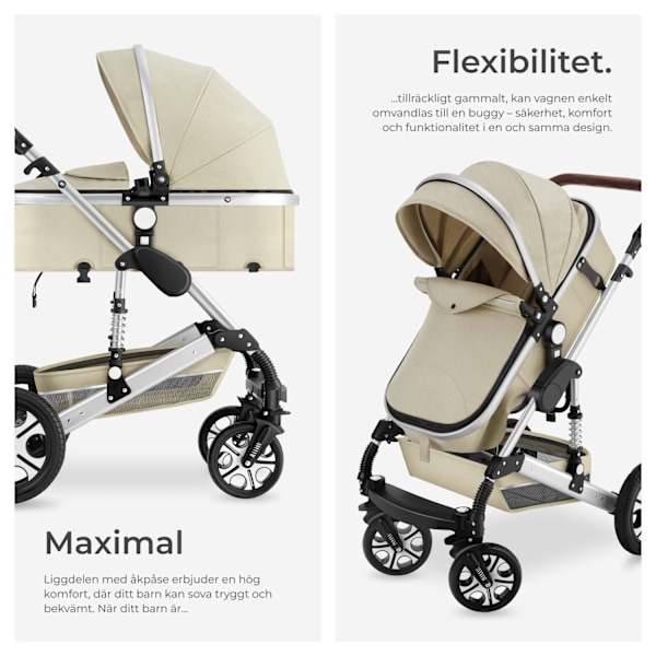tectake Kombi-barnvagn Mats, 5-punktsbälte & hopfällbar Beige