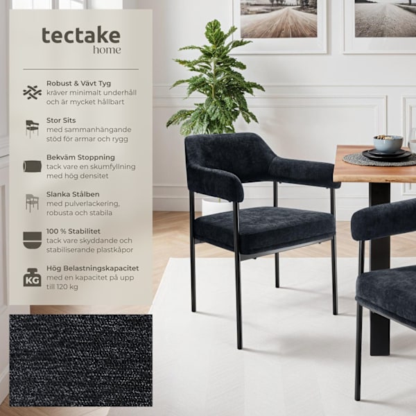tectake Fåtölj Doé, stoppad, stålben -  Uppsättning om 4 Vävt tyg svart/svart
