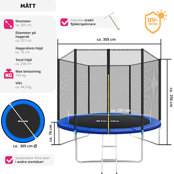 tectake Studsmatta Garfunky med skyddsnät , upp till 80 kg - 305 cm Blå