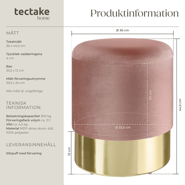 tectake Sittpuff med förvaringsutrymme Sarina Ljusrosa