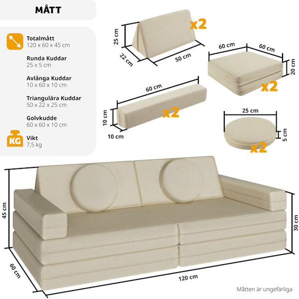tectake Leksoffa Lilly, 8-delad, med sovfunktion - 120 cm Beige