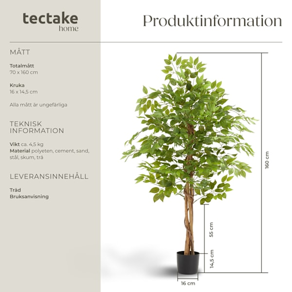 tectake Konstgjort fikusträd Fida, naturtrogen textur - 160 cm Grön