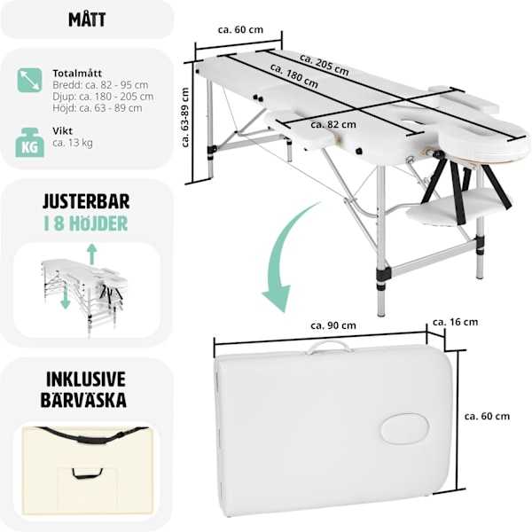 tectake 2-zons massagebänk med aluminiumram och bärväska Vit