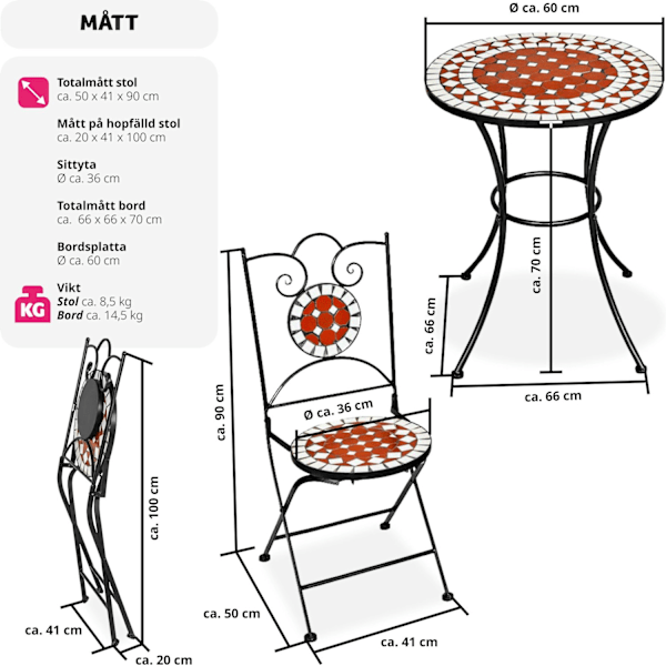tectake Caféset Mosaik 2 stolar + bord, 60 cm diameter Brun