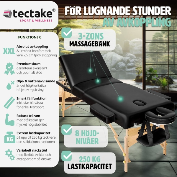 tectake 3-zons massagebänk Somwang med 7,5 cm stoppning och träram Svart