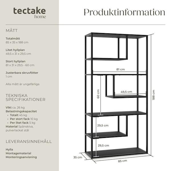 tectake Stående hylla Venda med 6 fack, industriell stil, 85x35x188cm Svart