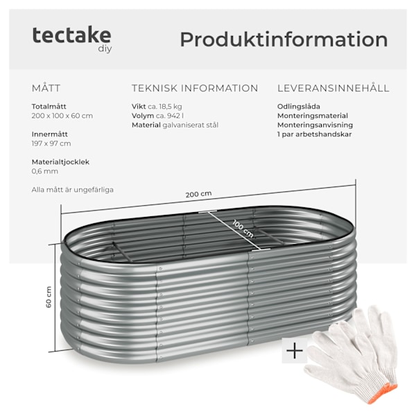 tectake Odlingslåda Flormma i galvaniserat stål 942 L,  200x100x60cm Silver