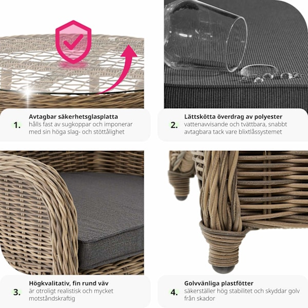 tectake Lyxig möbelgrupp i konstrotting med 3 fåtöljer och bord Natur