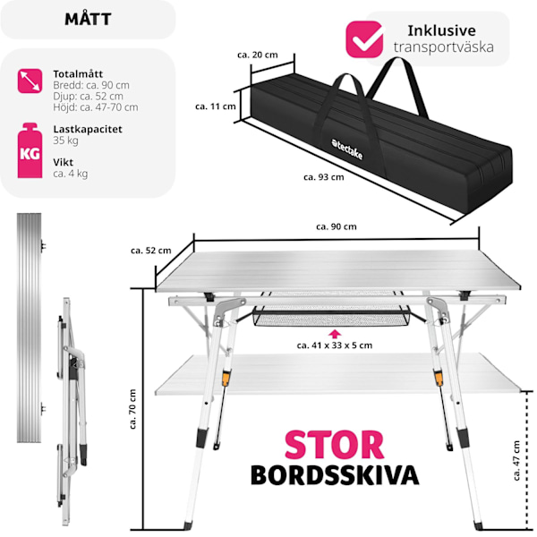 tectake Campingbord Tina i aluminium , hopfällbart, höj- och sänkbart Silver