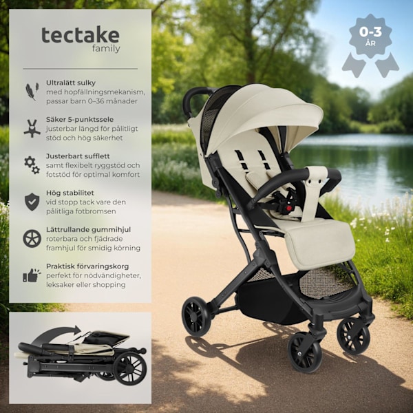 tectake Hopfällbar barnvagn Finn med 5-punktsbälte Beige
