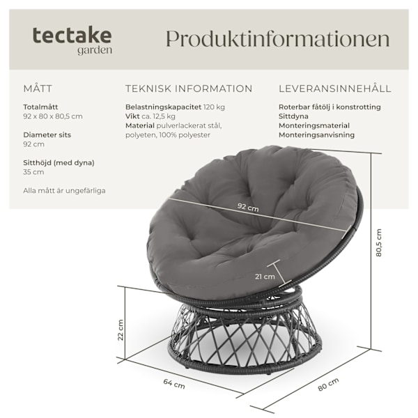 tectake Roterande Gargano rottingfåtölj Svart