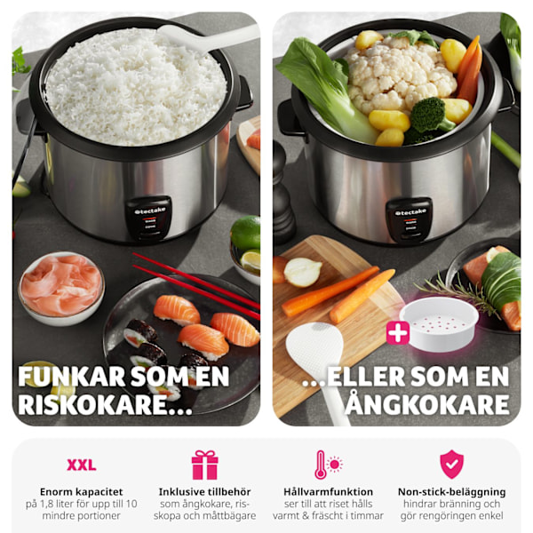 tectake Riskokare med ångkokare, 1,8 liter, varmhållningsfunktion Silver