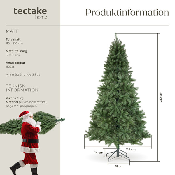 tectake Konstgjord julgran Dancer med formsprutade granbarr - 210 cm Grön