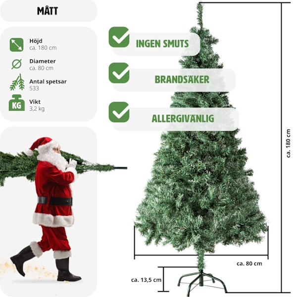 tectake Julgran, konstgjord med metallstativ, - 180 cm Grön