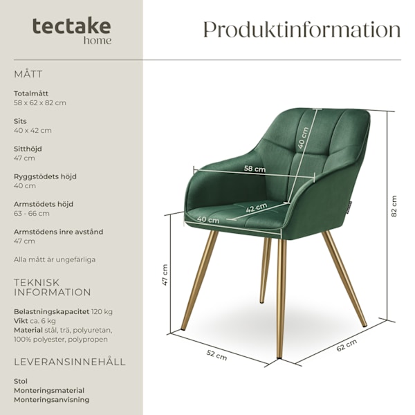 tectake Stol Marilyn i sammet, vadderad -  per styck Mörkgrön