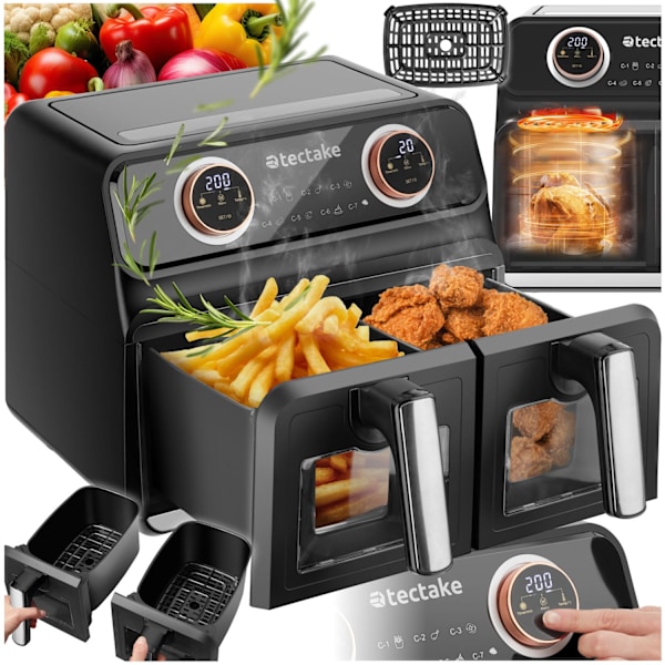 tectake Airfryer Samurai, 2 kokkammare, 7 program, 2400W Svart