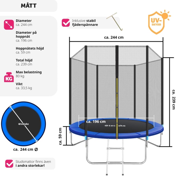 tectake Studsmatta, trampolin med skyddsnät, upp till 80 kg - 24 Blå