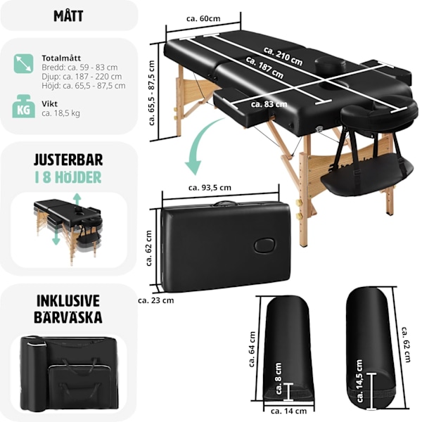 tectake Set 2-zons massagebänk inklusive massagerullar och bärväska Svart