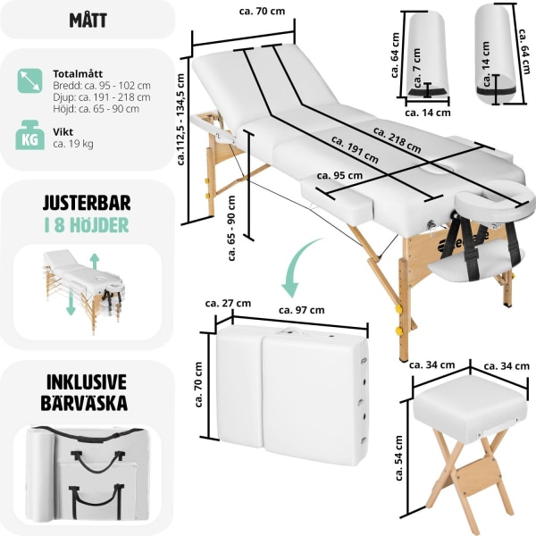 tectake 3-zons massagebänksset med 10cm stoppning och träram + r Vit