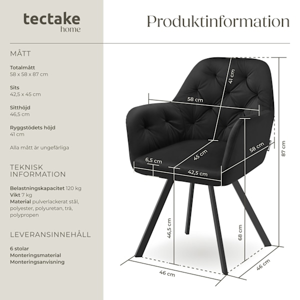 tectake Roterbar Sammetsfåtölj Lucia, stoppad -  Uppsättning om 6 Svart