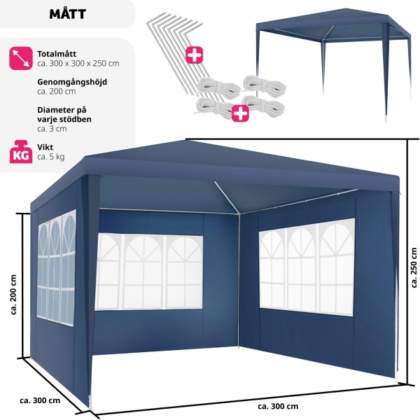 tectake Paviljong Baraban 3x3m med 3 sidopaneler Blå