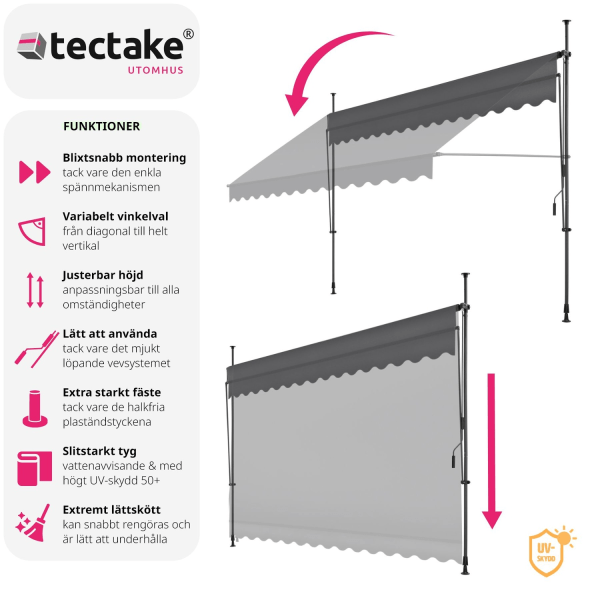 tectake Spännmarkis och soltak med handvev, höjdjusterbar - 400 x 180 cm grå