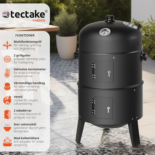 tectake Röktunna, BBQ smoker 3 i 1 Svart