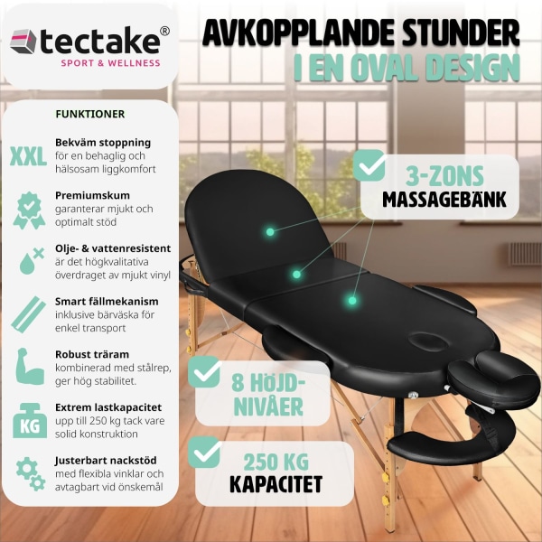 tectake 3-zons massagebänk Sawsan oval med 5 cm stoppning och tr Svart