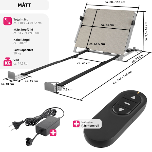 tectake Elektriskt ryggstöd Cosy Glide 110x243x62cm grå